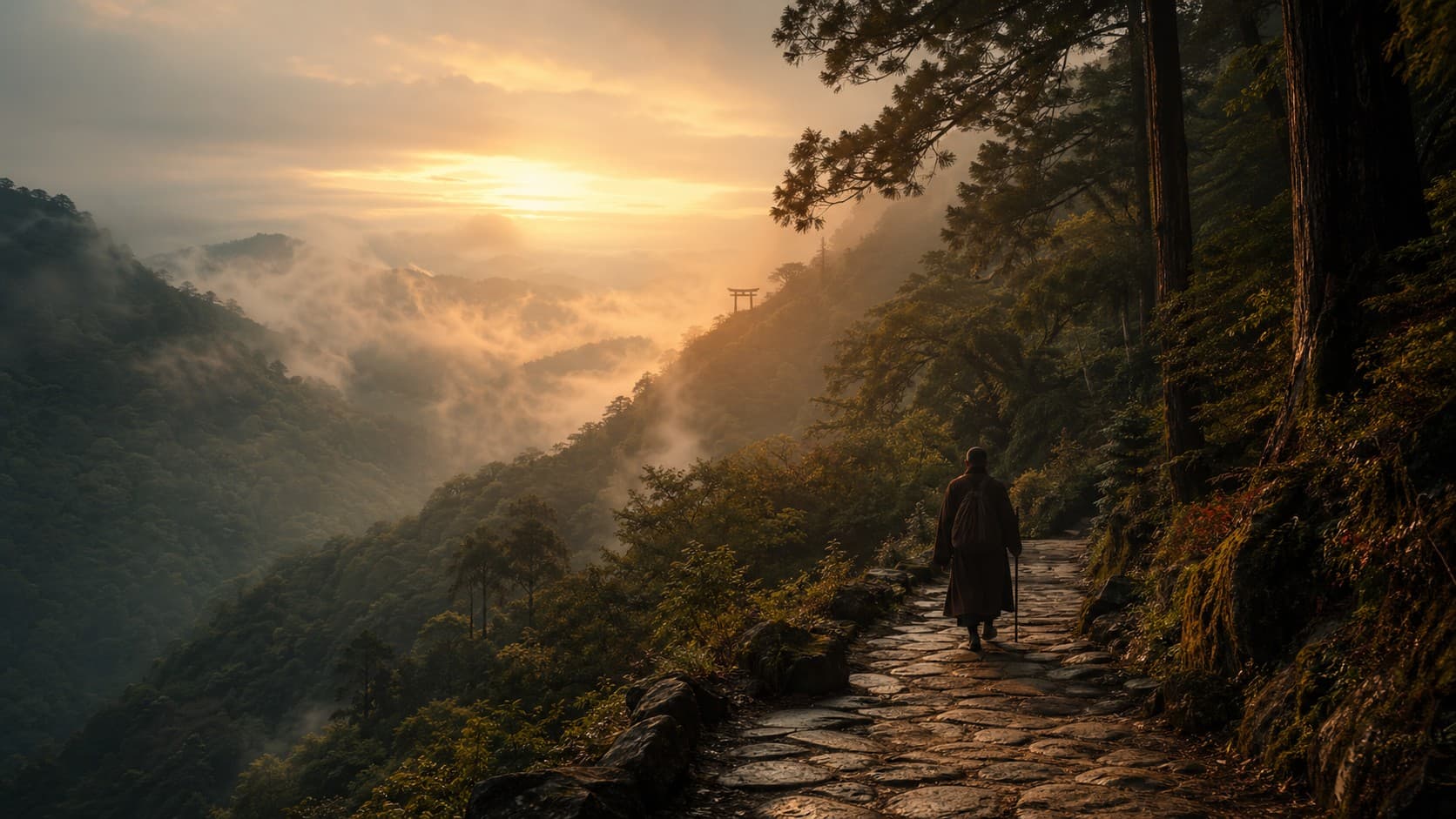 A pilgrim walking a sacred mountain path at golden hour